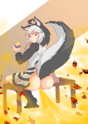 1girls ahoge animal_ears big_ass big_butt black_hair eating fart fart_cloud fart_fetish farting looking_back orange_eyes pervdarkling_(artist) short_hair sitting skunk skunk_girl skunk_tail solo_female tail