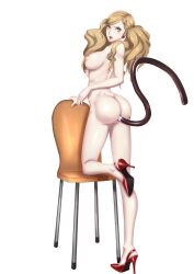 1girls absurdres anal anal_insertion anal_object_insertion anal_tail ann_takamaki aqua_eyes ass atlus blonde_hair blue_eyes blush breasts buttplug buttplug_tail cat_ears cat_tail chair chariotlee cleft_of_venus dildo female female_only femsub full_body hair_ornament hairclip high_heels high_heels_only highres light-skinned_female light_skin long_hair looking_at_viewer looking_back medium_breasts naked_heels nipples no_socks persona persona_5 pussy red_heels red_high_heels simple_background solo solo_female standing standing_on_one_leg stiletto_heels stockings tagme tail thighhighs twintails twisted_torso uncensored white_background