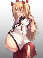 blonde_hair blush cleavage embarrassed ereshkigal_(fate) fate/grand_order fate_(series) female female_only hair_ribbon huge_belly kuronyan long_hair looking_at_viewer medium_breasts pregnant ready_to_pop red_eyes side_slit solo straining_buttons suzuka_gozen_(fate) suzuka_gozen_(fate)_(cosplay) sweatdrop tight_clothing twintails