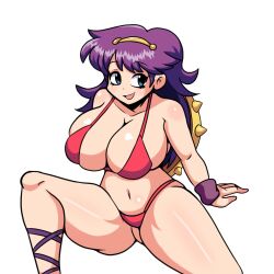 1girls alternate_breast_size arm_support athena_(series) big_breasts bikini blue_eyes breasts busty cleavage curvy curvy_female curvy_milf female female_only huge_breasts iggy-bomb long_hair milf navel open_mouth princess princess_athena purple_hair red_bikini shield sitting smile snk solo swimsuit thick_thighs thighs voluptuous