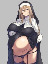 1girls big_breasts black_legwear black_panties black_thighhighs blonde_hair blush dress_lift female female_only garter_belt garter_straps gloves green_eyes habit huge_belly huge_breasts kuronyan licking_lips long_hair nun nun's_habit nun_outfit original panties pregnancy_tally pregnant ready_to_pop smile solo stomach_tattoo thick_thighs thighhighs white_gloves wide_hips