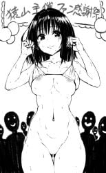 1girls bikini breasts female fuchitoro kirisaki_kyouko looking_at_viewer monochrome nipples nude short_hair solo_focus to_love-ru