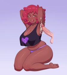 1boy 1girls armpit_fetish ass big_ass big_breasts breasts cleavage crystal_(inoiiying) cumshot dark-skinned_female dark_skin erection interracial light-skinned_male light_skin navel open_mouth original original_character penis pink_eyes pink_hair pose queen_of_hearts rizdraws short_hair simple_background tongue_out unseen_male_face veiny_penis wide_hips year_request