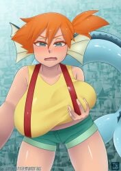 1girls breasts female female_only game_freak gym_leader hand_on_breast kasumi_(pokemon) light-skinned_female light_skin nintendo orange_hair pokemon pokemon_rgby shorts solo thighs vaporeon vaporeon_ears vaporeon_tail voluptuous yukihana_draws