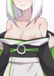 1girls 2022 areolae bare_shoulders big_breasts blush breasts breasts_out close-up clothing_pull female female_only green_hair kimono long_hair long_sleeves morisobo nipples re:zero_kara_hajimeru_isekai_seikatsu ribbon solo standing sweat two_tone_hair upper_body white_background white_fox_(studio) white_hair wide_sleeves zarestia