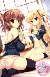 2girls ass blonde_hair blush kneeling looking_back mashiro_toba panties pink_hair root_double sannomiya_louise_yui thighhighs underwear