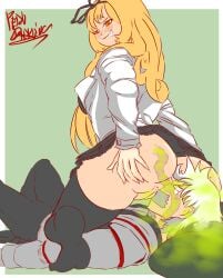 1boy 1girls anus arifureta_shokugyou_de_sekai_saikyou ass_on_face asshole big_ass big_butt black_legwear black_thighhighs blonde_hair blush facesitting fart fart_cloud fart_fetish farting farting_in_face grabbing_own_ass legwear looking_back nagumo_hajime pervdarkling_(artist) red_eyes smile taped_mouth tears thick_thighs thighhighs vagina x-ray yue_(arifureta)