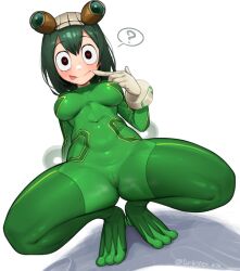 1girls ? bodysuit breasts cameltoe eye_contact female green_hair heart-shaped_pupils hero_outfit_(mha) long_hair looking_at_viewer my_hero_academia skin_tight skindentation solo thick_thighs thighs tsuyu_asui tungsten_(kwfr4544) white_background
