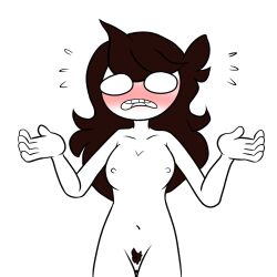 2019 belly belly_button bluejr blush embarrassed embarrassed_nude_female enf jaiden jaiden_animations lifting_arms long_hair medium_breasts nervous nude nude_female pubes pupilless_eyes standing sweat vagina white_background youtube