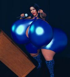 animal_print_legwear blue_boots blue_clothing blue_dress blue_hair blue_nails blue_socks blue_stockings huge_ass huge_breasts jackd22 microphone red_lipstick tagme