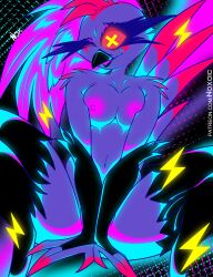 <3_eyes absurd_res anthro avian beak black_body blacklight blush breasts claws corruption demon detailed_background female fur glowing hair heart helluva_boss hi_res mature_female multicolored_body multicolored_fur neon nipples noxoic one_eye_closed open_mouth open_smile red_eyes smile stella_(helluva_boss)