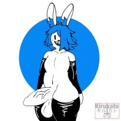 anthro balls big_penis blue_hair blush clothing erection foreskin genitals hair hi_res humanoid_genitalia humanoid_penis john_(bunybunyboi) kirukato lagomorph latex_armwear latex_clothing latex_stockings legwear leporid male male_only mammal penis rabbit simple_background solo text thick_penis thick_thighs thigh_highs vein veiny_penis white_body