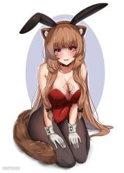 1girls blush brown_hair bunny_ears bunnysuit eyebrows_visible_through_hair fake_bunny_ears female female_only gloves hair_tie inner_ear_fluff noiretox pantyhose raccoon_ears raccoon_girl raccoon_tail raphtalia red_eyes simple_background slave_crest smile tate_no_yuusha_no_nariagari the_rising_of_the_shield_hero