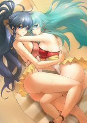 2girls ahoge alternate_costume anklet aqua_eyes aqua_hair ass beach beach_towel blue_eyes blue_hair blush braid breast_press breasts cosplay covered_nipples deekei earrings eirika_(fire_emblem) english_commentary eyebrows_visible_through_hair feet_out_of_frame female female_only fire_emblem fire_emblem:_the_sacred_stones fire_emblem_heroes hair_ornament highres holding_person hug jewelry large_breasts leg_between_thighs long_hair looking_at_viewer lying multiple_girls nintendo official_alternate_costume on_side one-piece_swimsuit ponytail sand sandals shadow shy side_braid sideboob sidelocks signature smile swimsuit swimsuit_skirt symmetrical_docking tana_(fire_emblem) tana_(fire_emblem)_(cosplay) tana_(summer)_(fire_emblem) thighs towel very_long_hair wet yuri