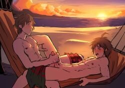 2boys ahoge beach booty_electric brown_hair crossover danganronpa danganronpa:_trigger_happy_havoc frottage gay hammock handjob junpei_(zero_escape) junpei_tenmyouji male male/male male_only naegi_makoto nine_hours_nine_persons_nine_doors nude ocean outdoors outside pants_around_one_leg pants_down public straight_hair yaoi zero_escape