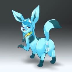 2020 anus bedroom_eyes discocci eeveelution female feral genitals glaceon hi_res looking_back narrowed_eyes nintendo pokémon_(species) pokemon pussy seductive simple_background solo video_games