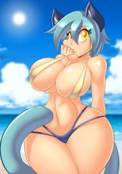 1girls 2022 anthro beach big_breasts bikini breasts cat_ears catgirl cleavage dusk_(nekonny) feline female female_only grey_hair looking_at_viewer mastergodai nekomimi original original_character solo swimsuit tail thick_thighs upstairstudios voluptuous wide_hips yellow_eyes