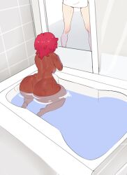 1boy 1girls ass bathroom bathtub big_ass breasts comic crystal_(inoiiying) hi_res huge_ass illboxart imminent_sex light-skinned_male light_skin medium_breasts nude original pink_hair short_hair sideboob simple_background sweat unseen_male_face wide_hips