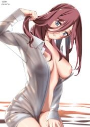 absurdres areolae bangs blue_eyes breasts brown_hair collared_shirt dress_shirt female female go-toubun_no_hanayome hair_between_eyes highres large_breasts long_hair long_sleeves looking_at_viewer nakano_miku naked_shirt open_clothes open_shirt parted_lips sakieda_yoyu see-through_silhouette shirt simple_background sitting solo straight_hair twitter_username white_background white_shirt wing_collar