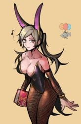 1girls alternate_costume animal_ears balloon black_leotard book breasts bridal_gauntlets brown_background brown_eyes bunny_ears bunny_girl bunnysuit cleavage collarbone cowboy_shot eyeshadow fake_animal_ears female female_only fire_emblem fire_emblem_awakening fishnet_legwear fishnets highleg highleg_leotard highres large_breasts leotard long_hair looking_at_viewer makeup musical_note nintendo outline pantyhose playboy_bunny rabbit_ears robin_(fire_emblem) robin_(fire_emblem)_(female) saiykik silver_hair simple_background smile solo strapless strapless_leotard twintails