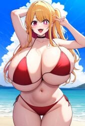 1st_to_die ai_generated alternate_breast_size beach bikini bikini_top blonde_hair gigantic_breasts hoshino_ruby huge_breasts light-skinned_female light_skin looking_at_viewer massive_breasts oshi_no_ko peace_sign pink_eyes shounen_jump+ side_ponytail smiling stable_diffusion thick_female voluptuous voluptuous_female