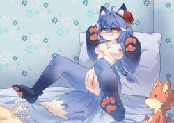 absurd_res anthro blue_body blue_hair canid canine female female/female feral fox fur genitals hair hi_res lalamedli mammal multicolored_body multicolored_fur nipples nude pussy solo