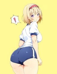 ! alice_margatroid alternate_costume ass blonde_hair blue_buruma blue_eyes blush breasts buruma female gym_shirt gym_uniform hairband highres kyanta5354 looking_at_viewer looking_back medium_breasts shirt short_hair short_sleeves smile solo touhou white_shirt yellow_background