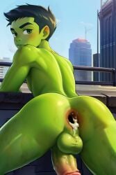 ai_generated beast_boy beast_boy_(teen_titans) brimie_cool_guy cum cum_in_ass cumming fuckboy gay gay_sex green_eyes green_hair green_skin nsfw skinny yaoi young