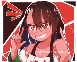 1girls black_hair blush breasts brown_eyes cleavage clothed clothing earrings female_focus female_only glasses hayase_nagatoro hi_res long_hair looking_at_viewer please_don't_bully_me,_nagatoro pose revealing_clothes sachiko simple_background small_breasts smile solo tan tanline tanned watermark