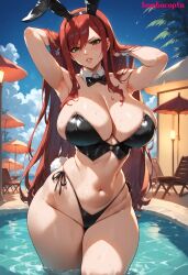 1girls ai_generated beach bikini bombacopta bowtie brown_eyes bunny_ears bunny_tail cleavage cleavage_overflow erza_scarlet fairy_tail hands_behind_head huge_breasts large_breasts mature_female midriff pool red_hair thick thick_thighs