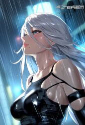 1girls ai_generated alterism android blue_eyes breasts city eyeshadow female_focus from_side light-skinned_female light_skin lips long_hair looking_away makeup medium_breasts mole mole_under_mouth nier:_automata nier_(series) night outdoors portrait rain raining shiny_clothes shiny_skin solo solo_female wet wet_skin white_hair yorha_a2