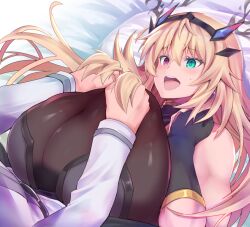 1boy 1girls asahi_(fullmetal_madness) bangs bare_shoulders barghest_(gawain)_(fate) black_dress blonde_hair breasts dress fate/grand_order fate_(series) female fujimaru_ritsuka_(male) heterochromia horns large_breasts long_hair nipple_pull