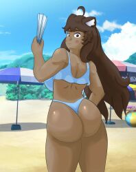 back_view beach big_ass big_breasts bikini blush brown_eyes brown_hair brown_skin complex_background ion_clocktower long_hair sweatdrop wide_hips wolf_ears