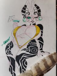 absurd_res anthro big_breasts black_lips body_tattoo breasts bridge_piercing container crowhite cup domestic_cat drinking_glass facial_piercing felid feline felis female glass glass_container glass_cup golden_bikini green_eyes hairless hairless_cat hi_res ixchel_(charliecorvinus) lips looking_at_viewer magic_user mammal navel nose_piercing one_eye_closed open_mouth piercing sitting skimpy_bikini slightly_chubby slightly_chubby_female solo sphynx_(cat) tribal_spellcaster umbrella_drink wide_hips wine_glass wink