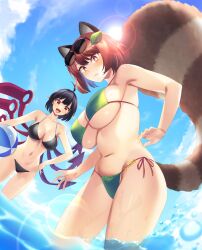 2girls absurdres animal_ears armpits asymmetrical_wings ball beachball bes bikini black_hair blue_sky blue_wings breasts day eyewear_on_head female futatsuiwa_mamizou green_bikini highres houjuu_nue large_breasts leaf leaf_on_head mamizou_futatsuiwa mature_female midriff milf multiple_girls navel nue_houjuu ocean older_female outdoors raccoon_ears raccoon_tail red_eyes red_wings short_hair sky sun sunglasses swimsuit tail tarmo touhou water wings