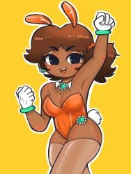 1girls artist_name brown_hair bunny_ears bunny_tail bunnysuit cdromarts dark-skinned_female dark_skin earrings gloves mario_(series) nintendo orange_eyeshadow princess_daisy tan_skin thighhighs