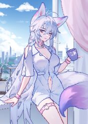 1girls animal_ear_fluff animal_ears antenna_hair arm_support armband bare_arms bare_midriff bare_shoulders bare_thighs bell bell_collar belt_collar bracelet braid breasts city_background cityscape cleavage cloud cloudy_sky collar collarbone collared_shirt cup day female female_only fox_ears fox_girl fox_tail grey_hair hair_between_eyes holding holding_cup indoors jewelry kirby_d_a leaning_back leg_belt long_hair looking_at_viewer medium_breasts midriff monster_girl multi_ear nail_polish naked_shirt navel original parted_lips pink_collar pixel_art plant potted_plant purple_eyes purple_hair purple_nails purple_tail shirt short_sleeves shoulders sidelocks sitting sky skyline slit_pupils smile solo tail thigh_strap thighs very_long_hair white_hair white_shirt white_tail wrist_belt