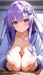 1boy 1girls ai_generated blush breasts breasts_out censored d-pad_hair_ornament gumi_arts large_breasts long_hair looking_at_viewer nepgear neptunia_(series) nipples paizuri penis pov purple_eyes purple_hair sailor_uniform stable_diffusion thick_thighs