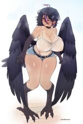 1girls bare_arms bare_legs big_breasts bird_feet bird_girl bird_tail black_feathers black_hair booty_shorts choker clothed daisy_dukes feathered_tail feathered_wings feathers female harpy jean_shorts looking_to_the_side multicolored_hair panty_straps pink_eyes pink_hair pink_highlights pink_thong sandcavern short_shorts shorts solo standing sweat tail tank_top tanned_skin thick_thighs thong two_tone_hair wings