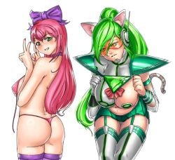 2girls armor ass bent_over bikini g-string glasses grand_theft_auto grand_theft_auto_v green_hair large_breasts long_hair mayikillu multiple_girls nail_polish orange-tinted_eyewear partially_clothed pasties peace_sign pink_hair princess_robot_bubblegum princess_robot_bubblegum_(character) shiny_wasabi_kitty tail thick_thighs thighhighs tinted_eyewear visor