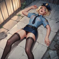 ai_generated blonde_hair female green_eyes laying_down macorony panties police police_uniform policewoman rain runny_makeup stockings wet