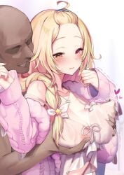 1boy arou_(arrow_x666) bare_shoulders blonde_hair blush breasts cardigan cosplay female grabbing grabbing_another's_breast grabbing_from_behind groping hair_ornament heart heterochromia highres hoshikawa_sara large_breasts long_hair molestation navel nijisanji nipple_stimulation nipple_tweak nipples open_mouth pectoral_grab pink_cardigan red_eyes straight sukoya_kana sukoya_kana_(cosplay) tank_top virtual_youtuber x_hair_ornament yellow_eyes