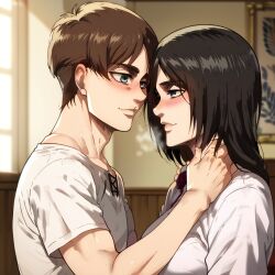 1boy 1girls ai_generated attack_on_titan black_hair blue_eyes blush brown_hair couple couple_(romantic) eren_jaeger female grey_eyes hi_res kiraaiart love male mikasa_ackerman