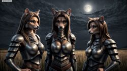 3girls ai_generated animal_ears anthro armor artist_name boobplate breastplate breasts brown_hair closed_mouth cloud female_anthro full_moon furry furry_female hi_res high_resolution highres long_hair looking_at_viewer medium_breasts moon multiple_girls night night_sky outdoors pauldrons photorealistic plate_armor realistic shoulder_armor sky stable_diffusion twitter twitter_username watermark yiffyjiffy2 yiffyjiffy69