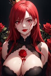 big_breast big_breasts black_dress blood blood_on_breasts blood_on_face breast cleavage crown long_hair princess red_eyes red_hair red_hair_female red_lipstick rose_(flower) scarlet_bloodthorn scarlet_thorn