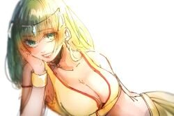 1girls bare_shoulders bracelet breasts cleavage collarbone earrings female female_only ganesha_(vocaloid) ganesha_gumi green_eyes green_hair grin gumi hand_on_own_face head_rest jewelry jpeg lips looking_at_viewer lying masa_works_design medium_breasts medium_hair midriff simple_background smile solo solo_female suama_(suama-333) suggestive vocaloid white_background