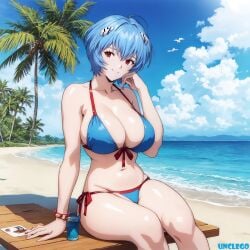 1girls ai_generated beach beach_background big_breasts bikini blue_bikini blue_hair bob_cut breasts cleavage looking_at_viewer neon_genesis_evangelion pale-skinned_female palm_tree posing red_eyes rei_ayanami self_upload short_hair sitting smiling stable_diffusion teenager unclego