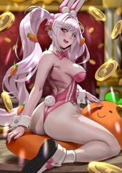 1girls alice_(nikke) alice_(wonderland_bunny)_(nikke) ass ass_focus blush breasts bunny_ears bunnysuit female_only goddess_of_victory:_nikke looking_at_viewer open_mouth pink_eyes sideboob sitting twintails upper_teeth white_hair