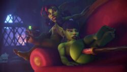 2girls 3d anal animated ass black_hair breasts couch dildo earrings female female_only fucking_machine goblin goblin_(warcraft) goblin_female green_skin machine mp4 mystmantle naked no_sound nude pointy_ears red_hair sex_machine sex_toy sharp_teeth small_breasts video warcraft world_of_warcraft