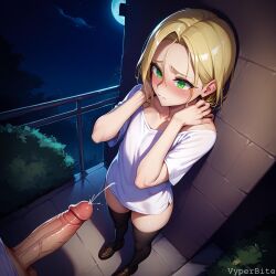 2boys against_wall ai_generated femboy highres holding_shoulders imminent_oral large_penis precum thighhighs vyperbite